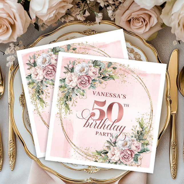 Lysande Roséguld Rodnad Blommig 50-årsdag  Pappersservett (Blooming Rose Gold Blush Floral 50th Birthday Dinner Napkins

)