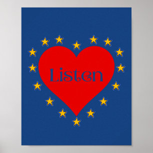 Lyssna Poster väggkonst i blått med hjärtan och st