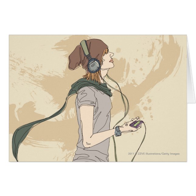Lyssnande musik för ung kvinna hälsningskort (Framsidan Horizontal)