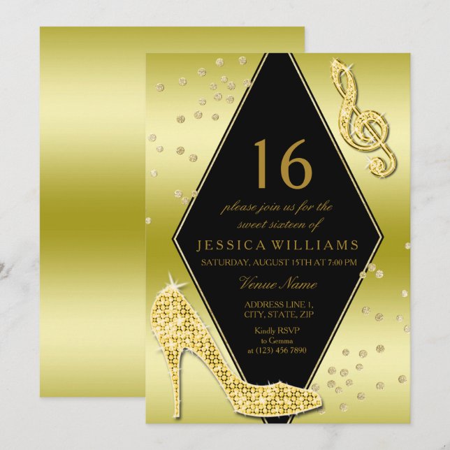 Lyster Glittrig Guld Sweet 16 Inbjudningar (Fram/baksida)