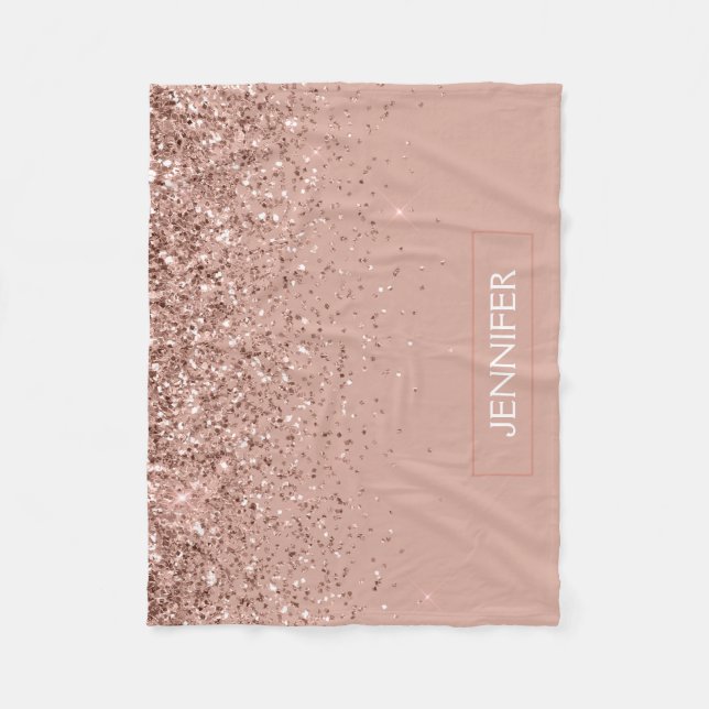 Lysterös rosa roséguld glitter monogram namn lyx fleecefilt (Framsidan)
