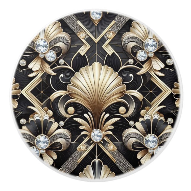 Lyx Art Deco Svart & Guld Falska Diamant Keramik Knopp (Framsidan)