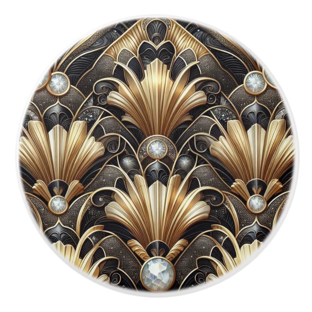 Lyx Art Deco Svart & Guld Falska Diamant Keramik Knopp (Framsidan)
