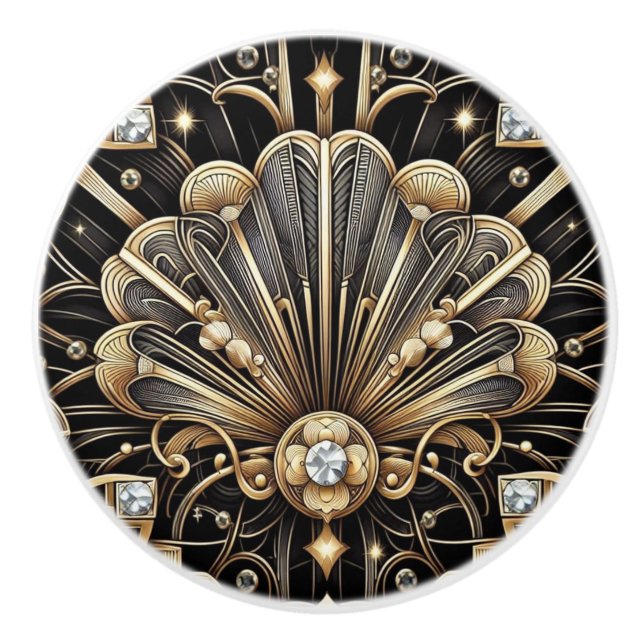 Lyx Art Deco Svart & Guld Falska Diamant Keramik Knopp (Framsidan)