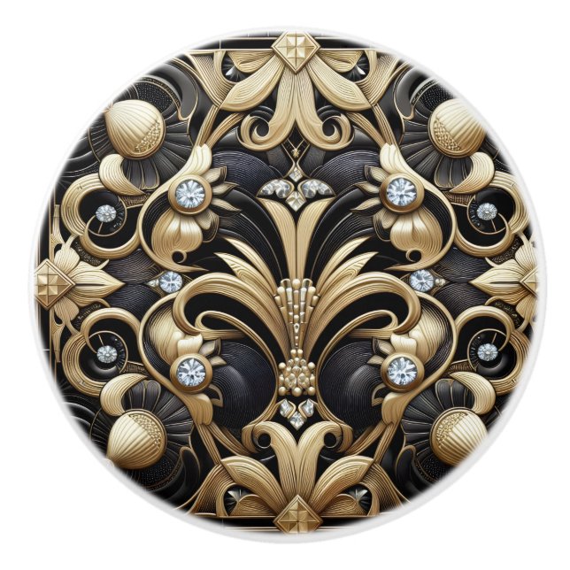Lyx Art Deco Svart & Guld Falska Diamant Keramik Knopp (Framsidan)