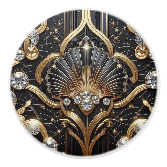 Lyx Art Deco Svart & Guld Falska Diamant Keramik Knopp (Framsidan)