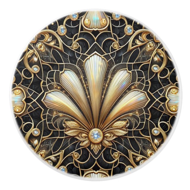 Lyx Art Deco Svart & Guld Falska Diamant Keramik Knopp (Framsidan)