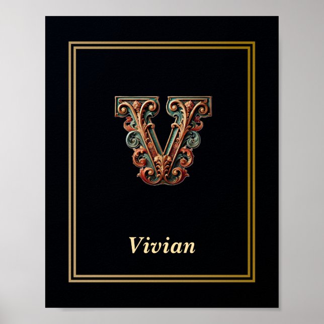 Lyx Barock Bokstav V Monogram Affisch  (Framsidan)
