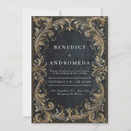 Lyx Barock Svart Guld Silver Ornament Bröllop Inbjudningar