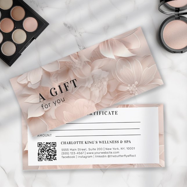 Lyx,  beige, Flower QR-kod (Customer specific, modern, luxury, beige-blush, floral, feminine, QR code business gift certificates)