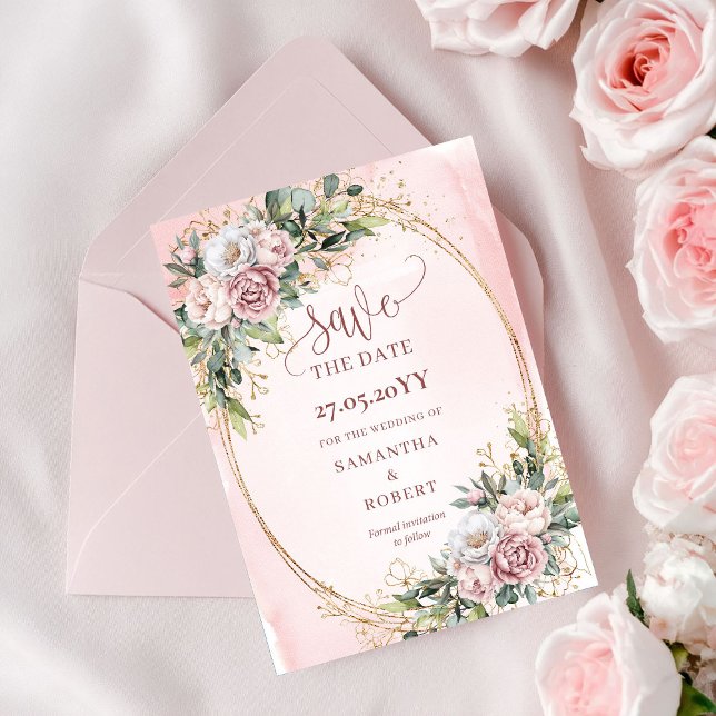 Lyx Bohemerisk Dammrosa Eukalyptus Spara Datum Datumet (Luxury Bohemian Dusty Pink Eucalyptus Save The Date)