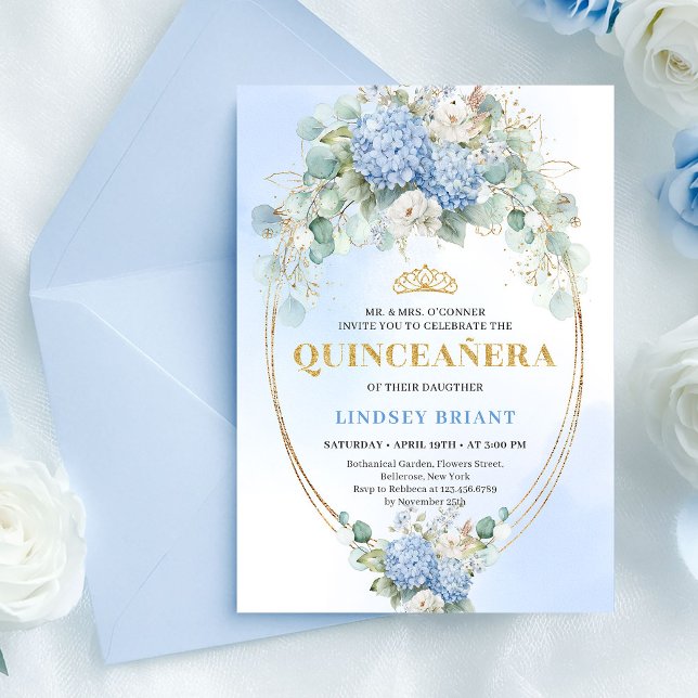 Lyx Boho Blå Blommor Eukalyptus 15-årsdag Inbjudningar (Luxury Blue Flowers Eucalyptus 15th Birthday Invite)