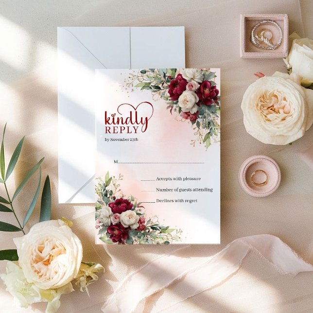 Lyx Boho Burgunder Vita Blommor Guld Bröllop  OSA Kort (Luxury Boho Burgundy White Flowers Gold Wedding RSVP)