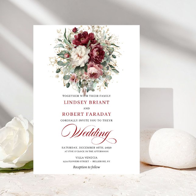Lyx Boho Burgundy Vit Blommig Guld Bröllop  Inbjudningar (Luxury Boho Burgundy White Floral Gold Wedding Invitation)