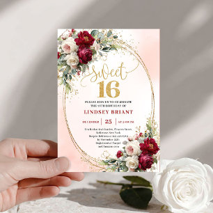Lyx Boho Maroon Guld Blommig Sweet Sixteen Inbjuda Inbjudningar