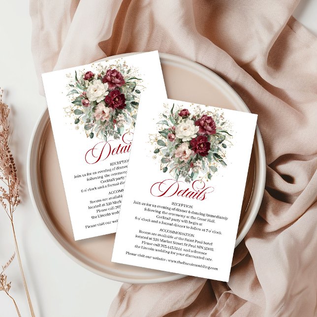 Lyx Boho Marsala Blommig Eukalyptus Guld Info Tilläggskort (Luxury Boho Marsala Floral Eucalyptus Gold Info Card)