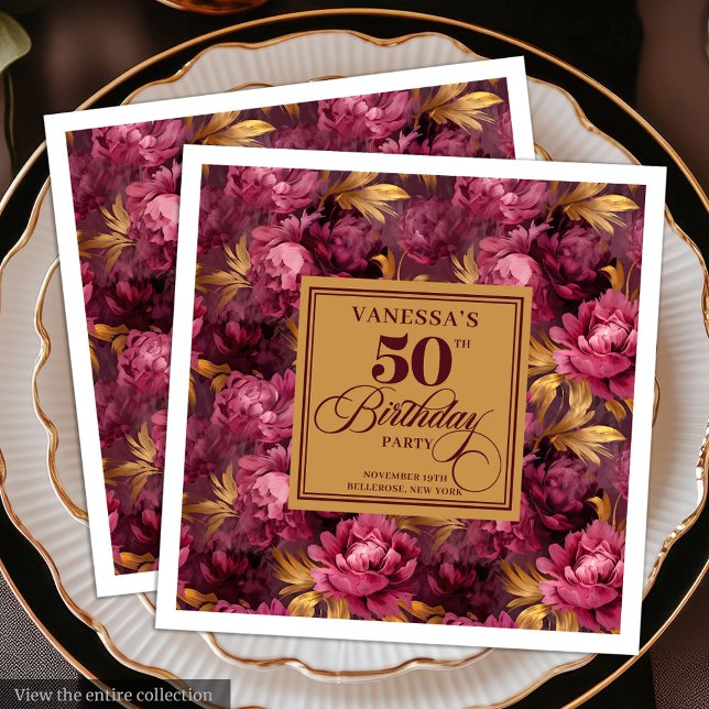 Lyx Boho Marsala Rosa Guld 50-års Födelsedag Pappersservett (Luxury Boho Marsala Blush Gold 50th Birthday Paper Dinner Napkins )