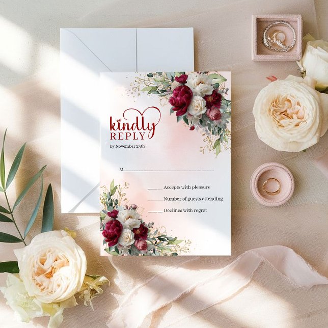 Lyx Boho Röda Vita Blommor Guld Bröllop RSVP OSA Kort (Luxury Boho Red White Floral Gold Wedding RSVP)