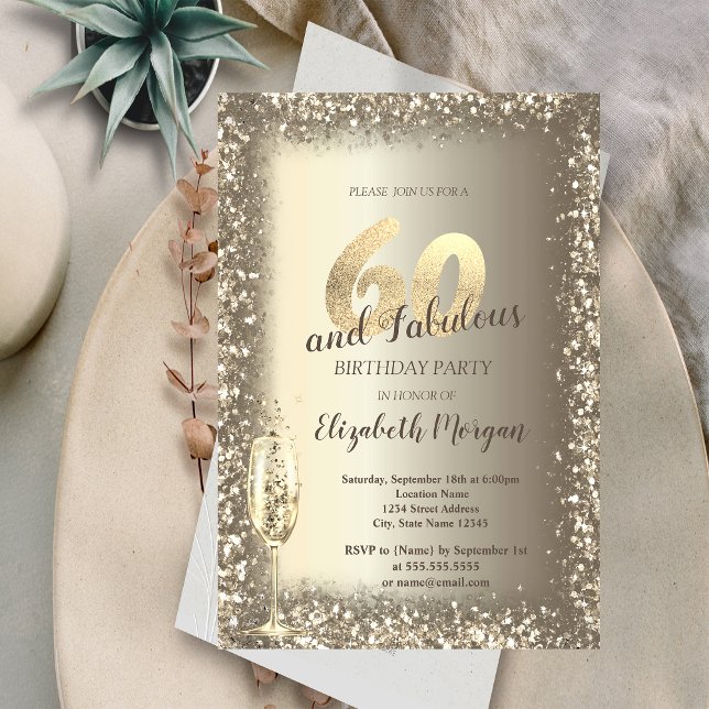 Lyx Champagneglas Guld Konfettiram 60-årsfirande Inbjudningar (Skapare uppladdad)