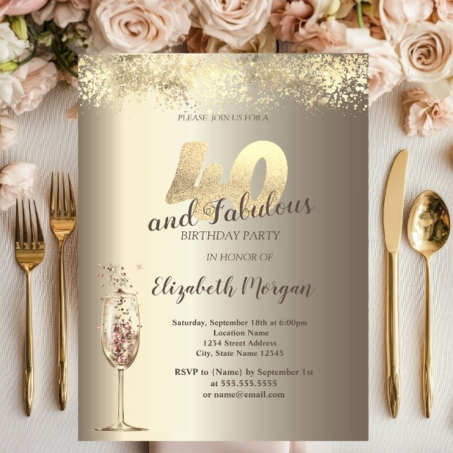 Lyx Champagneglas Guldkonfetti 40-årsdag Inbjudningar (Skapare uppladdad)