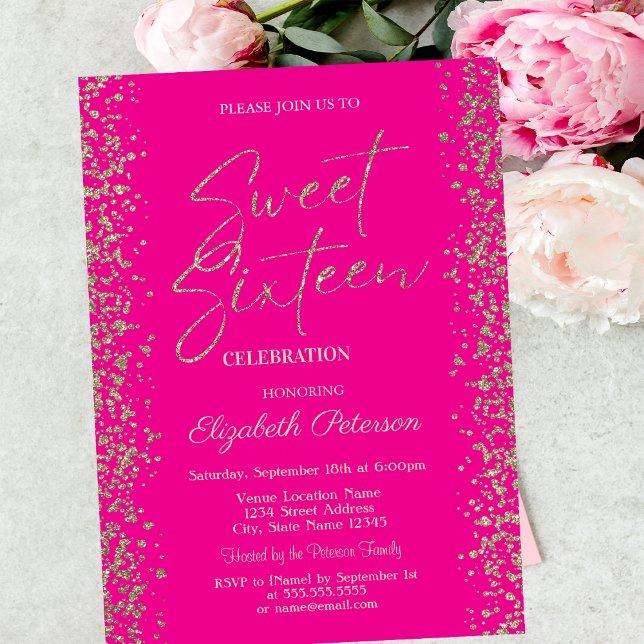 Lyx Diamanter Guld Berömmelse Rosa Sweet 16 Inbjudningar (Skapare uppladdad)