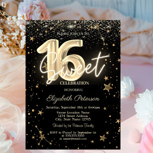 Lyx Diamanter Guld Stjärnor Svart Sweet 16 Inbjudningar