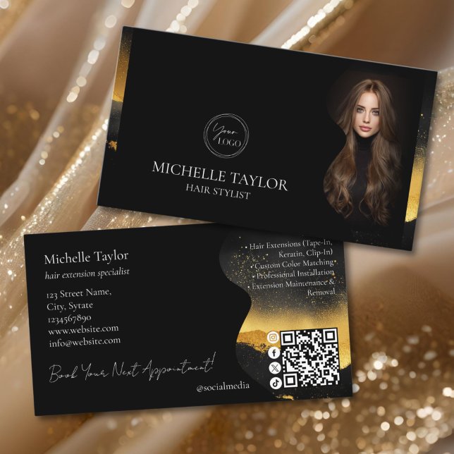 Lyx Elegant Frisör Förlängning Foto Logotyp Visitkort (elegant luxury black and gold business card with your business logo, photo and QR code)