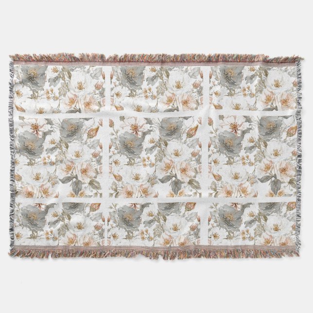 Lyx, Elegant, Guld Grå Blommönster  Filt (Framsidan)