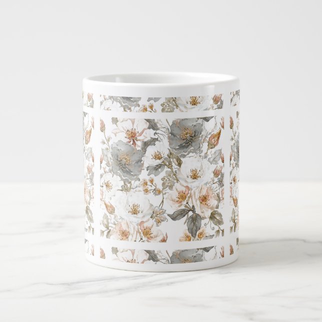 Lyx, Elegant, Guld Grå Blommönster  Jumbo Mugg (Framsidan)