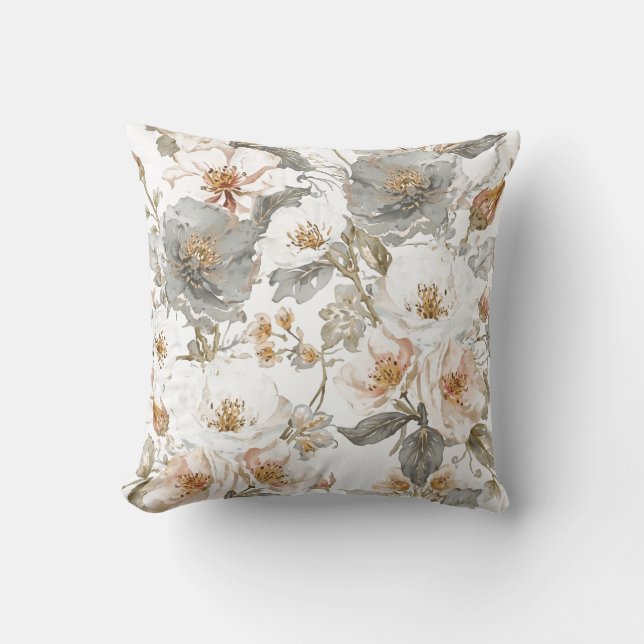 Lyx, Elegant, Guld Grå Blommönster  Kudde (Framsida)
