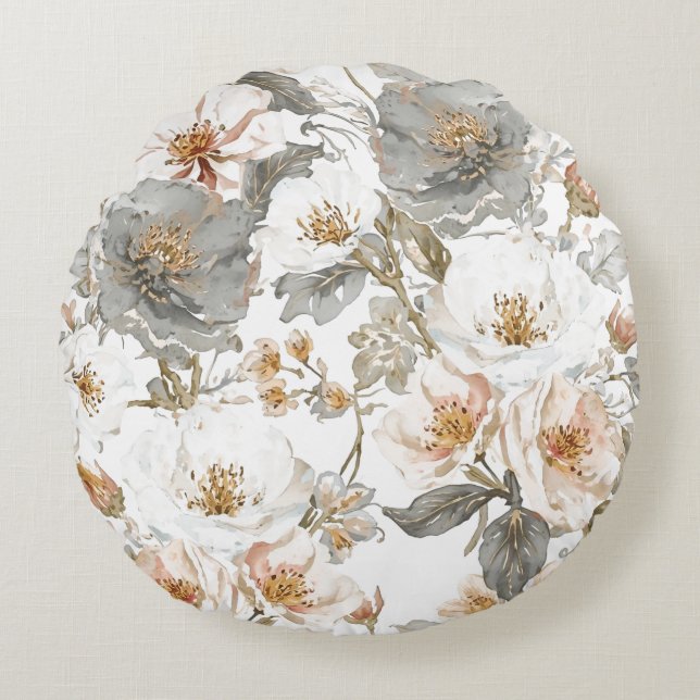 Lyx, Elegant, Guld Grå Blommönster  Rund Kudde (Framsidan)