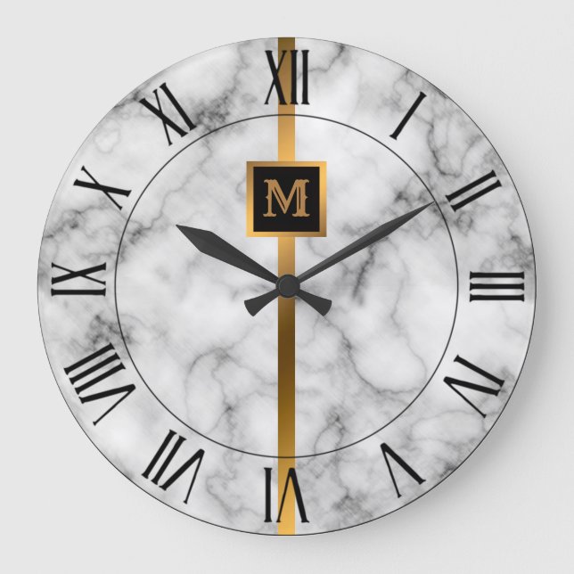Lyx Elegant Modern Svart Guld Marmor Stor Klocka (Framsida)