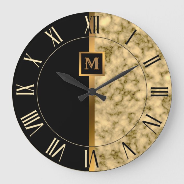 Lyx Elegant Modern Svart Guld Marmor Stor Klocka (Framsida)