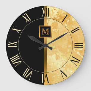 Lyx Elegant Modern Svart Guld Marmor Stor Klocka
