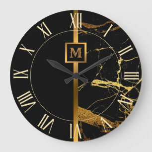 Lyx Elegant Modern Svart Guld Marmor Stor Klocka