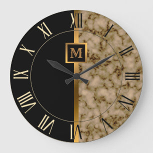 Lyx Elegant Modern Svart Guld Marmor Stor Klocka