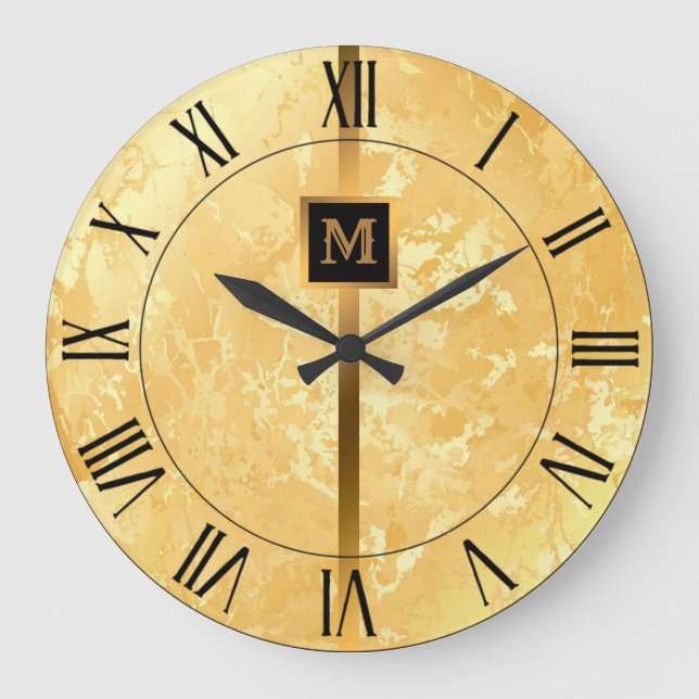 Lyx Elegant Modern Svart Guld Marmor Stor Klocka (Framsida)