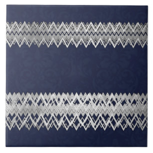 Lyx, elegant, silver linjer, marinblå damasker kakelplatta