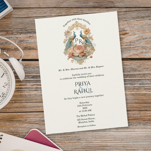 Lyx Elegant Vintage Guld Påfågel Indisk Bröllop Inbjudningar (Luxury Elegant Vintage Gold Peacock Indian Wedding Invitation)