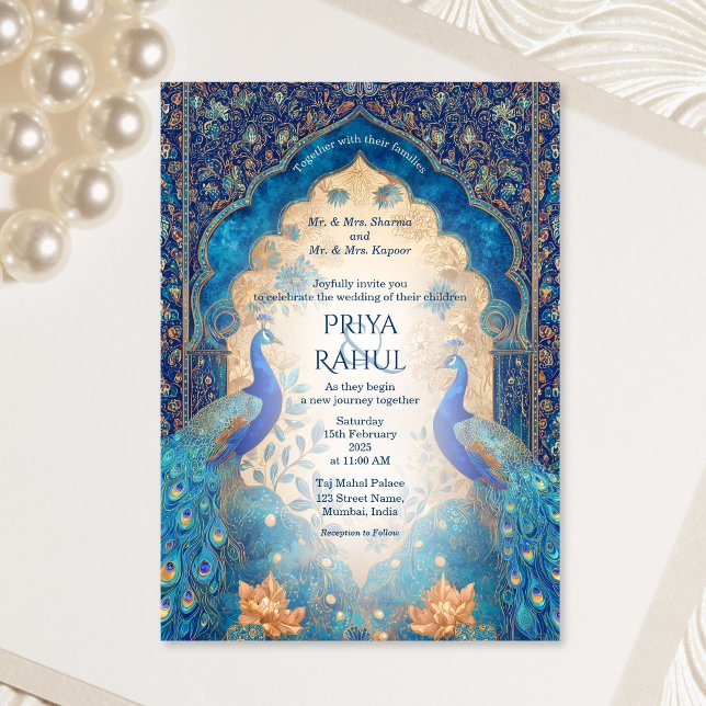 Lyx Elegant Vintage Guld Påfågel Indisk Bröllop Inbjudningar (Luxury Elegant Vintage Gold Peacock Indian Wedding Invitation)