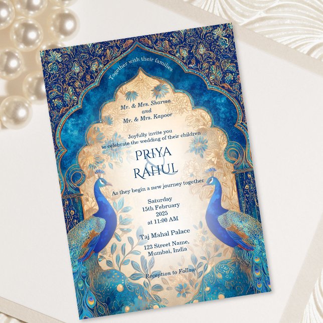 Lyx Elegant Vintage Guld Påfågel Indisk Bröllop Inbjudningar (Luxury Elegant Vintage Gold Peacock Indian Wedding Invitation)