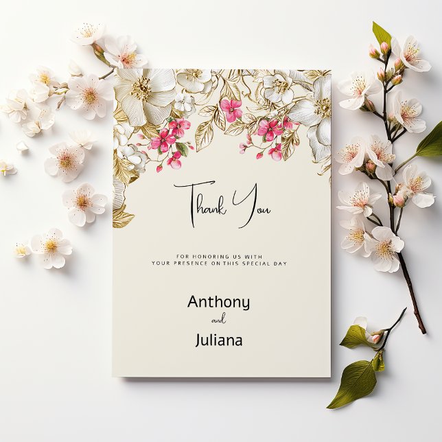 Lyx elfenbensrosa vit guld blommor Tack Inbjudningar (Luxury ivory pink white gold flowers Thank You)