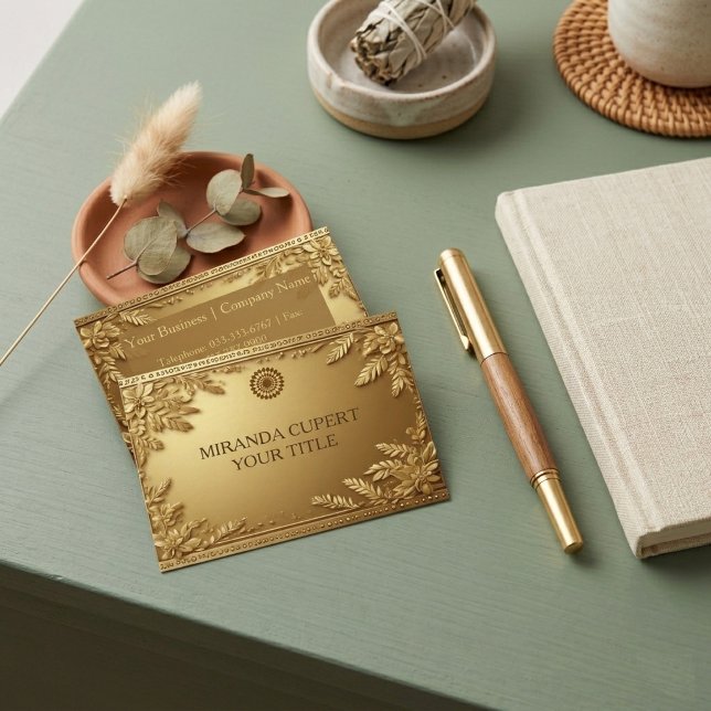 Lyx Falskt Metall Guld Löv Minimal Modern Logotyp Visitkort (Luxury Faux Metal Gold Foliage Minimal Modern Logo Business Card)