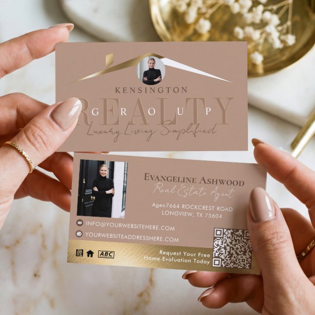 Lyx Fastighetsmäklare Beige Guld Foto Visitkort (Luxury Home Real Estate Agent Beige Gold Photo Business CardLuxury Home Real Estate Agent Beige Gold)