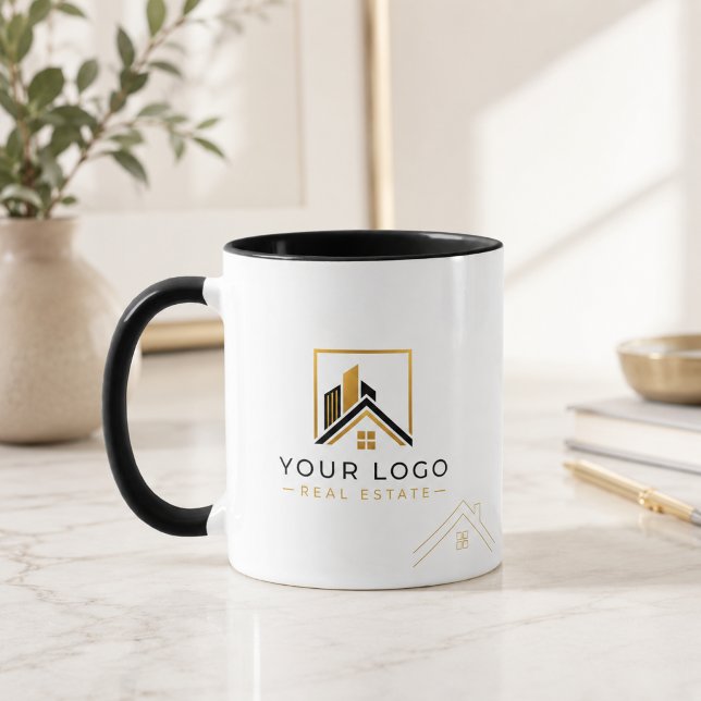 Lyx Fastighetssymbol Logotyp i Svart Guld  Mugg (Realtor Logo Mug for Luxury Real Estate Branding | Black Gold Office Style)