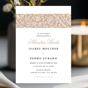 Lyx Floral Beige Nuestra Boda Spansk Bröllop Inbjudningar