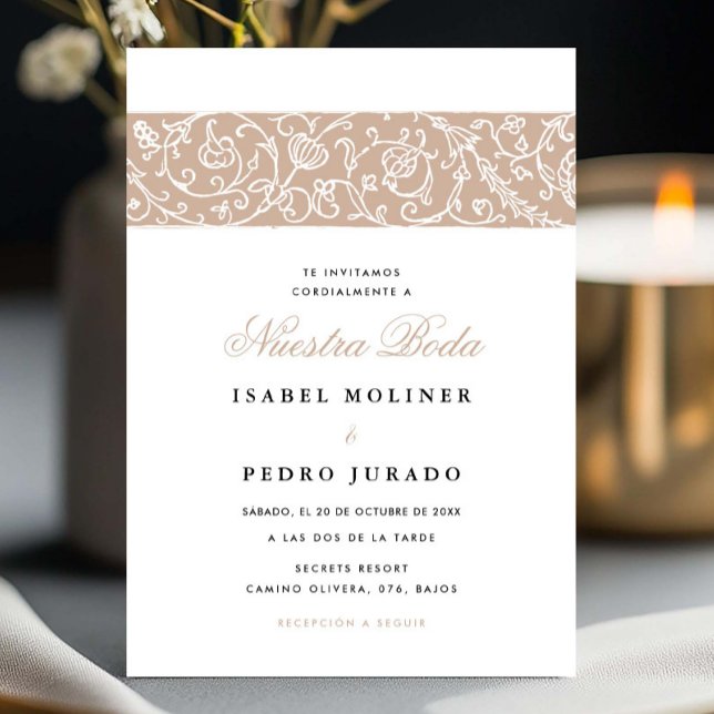 Lyx Floral Beige Nuestra Boda Spansk Bröllop Inbjudningar (Skapare uppladdad)