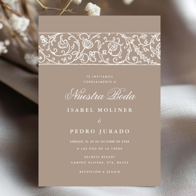 Lyx Floral Beige & Vit Nuestra Boda Bröllop Inbjudningar (Skapare uppladdad)