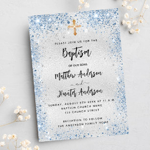 Lyx för baptism silver blå tvillingpojkar inbjudningar