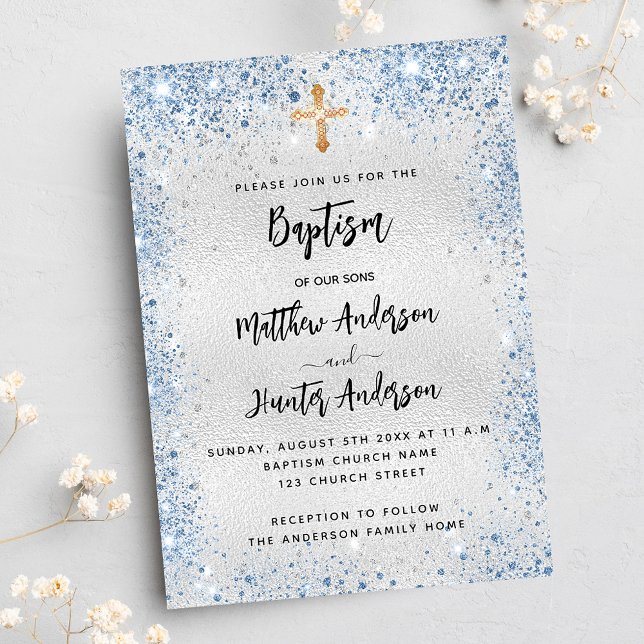 Lyx för baptism silver blå tvillingpojkar inbjudningar (Skapare uppladdad)